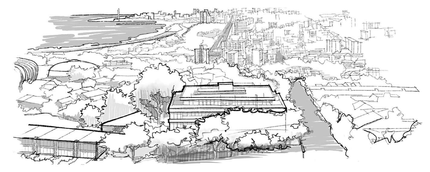 Desenho a traço do terreno do Aria no alto do bairro, com a cidade e o Guaíba ao fundo