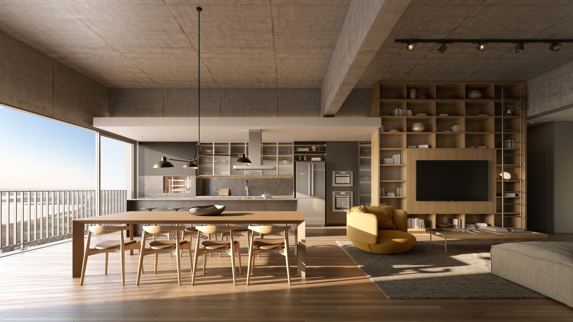Living e cozinha integrados do apartamento de 3 suítes, com mesa de jantar, estante de madeira e janelas para a vista