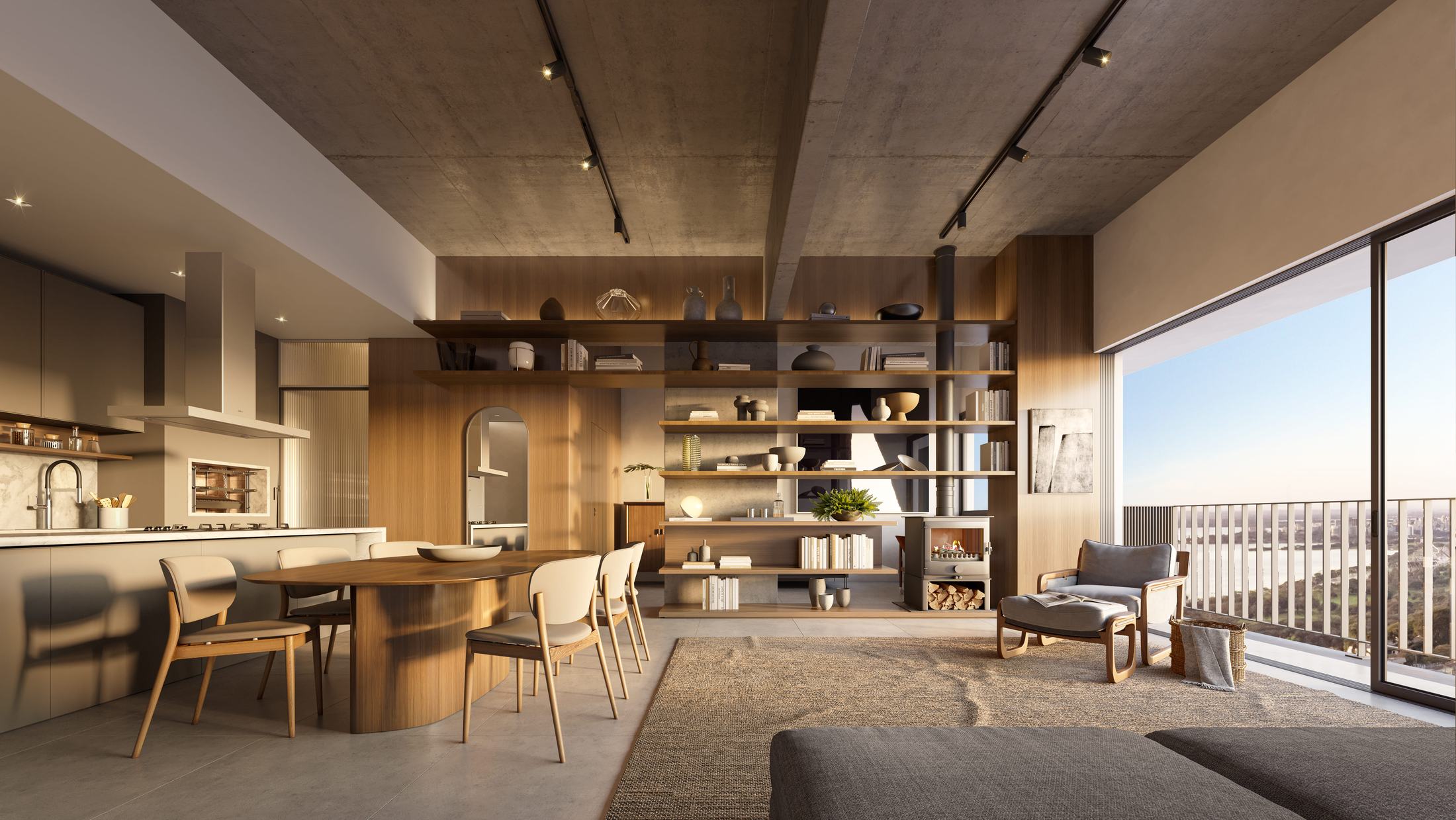 Living integrado do apartamento de 2 suítes, com cozinha, jantar e estar voltados para a janela ampla
